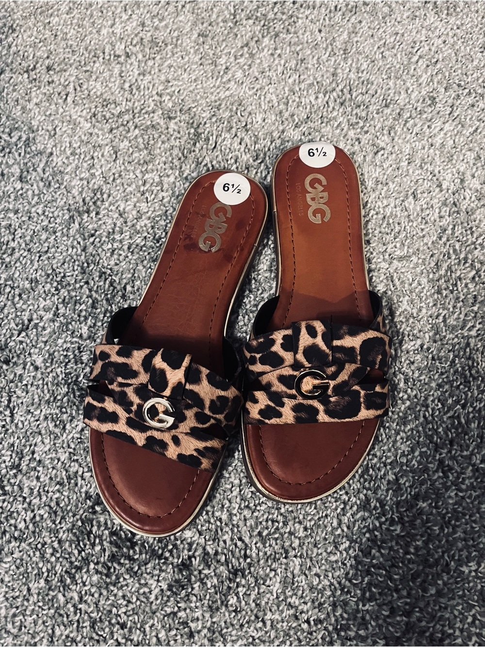 GBG Los Angeles Leopard Print Slide Mules with Gold Accent